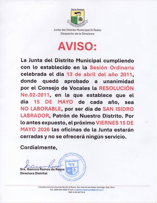 Junta Distrital de El Rubio anuncia cierre de oficinas por festividad de San Isidro Labrador